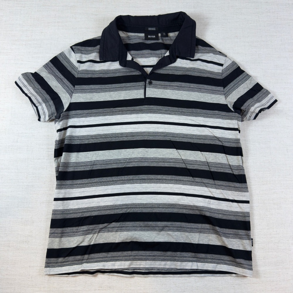 BOSS Hugo Boss Mens Regular Fit Mercerised Cotton Striped Polo Shirt Black Grey